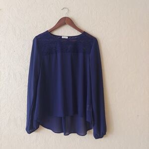 Lily White Blue Chiffon Long Sleeve Blouse With Lace Sz Large